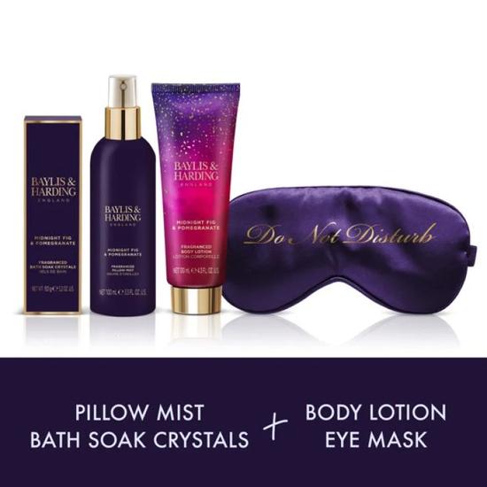 Baylis & Harding Midnight Fig & Pomegranate Luxury Beauty Sleep Gift Set 100ml Pillow Mist, 130ml Body Lotion & 150g Soap