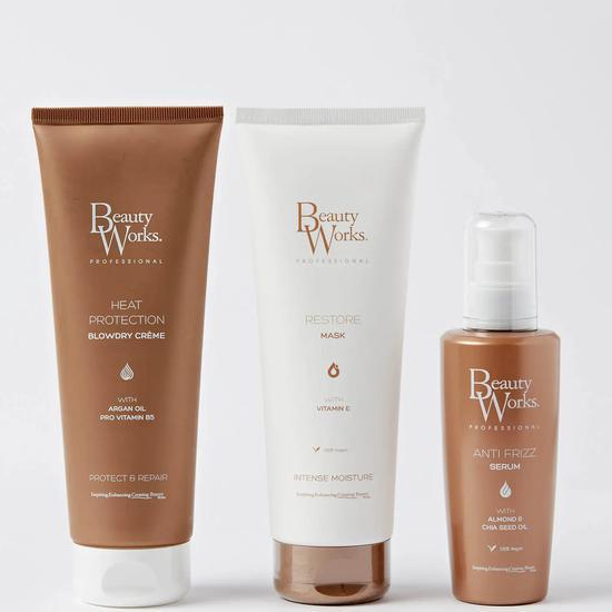 Beauty Works Restore & Replenish Gift Set 100ml Restore Mask, 100ml Blowdry Creme, 50ml Anti-Frizz Serum