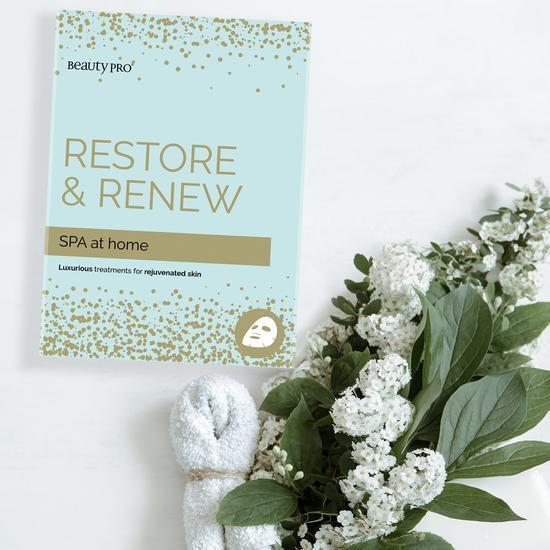 BeautyPro Spa At Home: Restore & Renew Set 1 Rejuvenating Sheet Mask, 1 Nourishing Sheet Mask, 1 Detoxifying Mask, 1 Eye Therapy & 1 Black Peel Charcoal mask