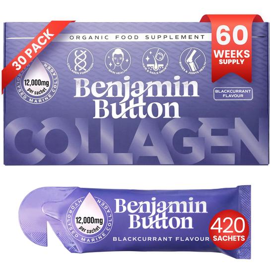 Benjamin Button 420x BlackCurrant 12, 000mg Marine Collagen Liquid Sachets