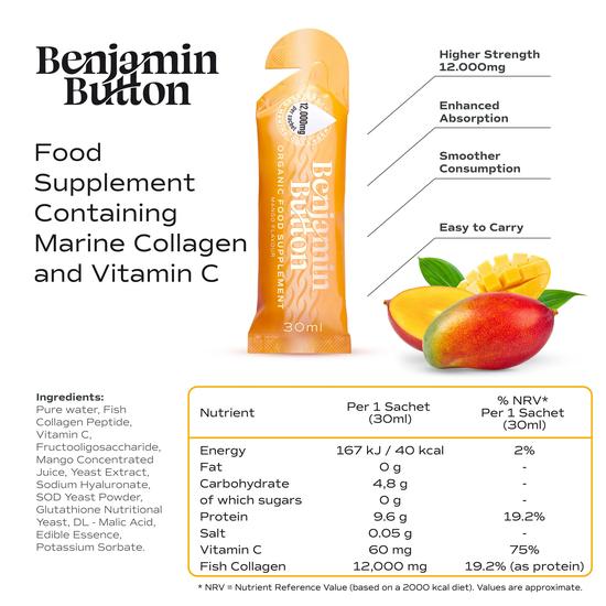 Benjamin Button 420x Mango 12, 000mg Marine Collagen Liquid Sachets