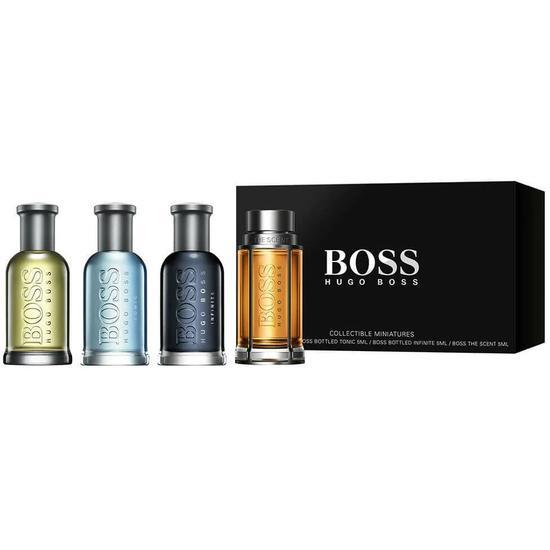 Boss Bottled Miniature Gift Set For Him 5ml Boss Bottled EDT, 5ml Boss Bottled Infinite EDT, 5ml Boss Bottled Tonic EDT + 5ml The Scent EDT.