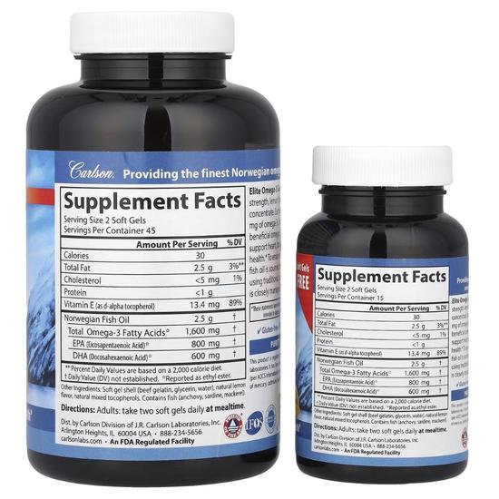 Carlson Labs Elite Omega-3 Gems 1600mg Natural Lemon Softgels + 30 90 Softgels