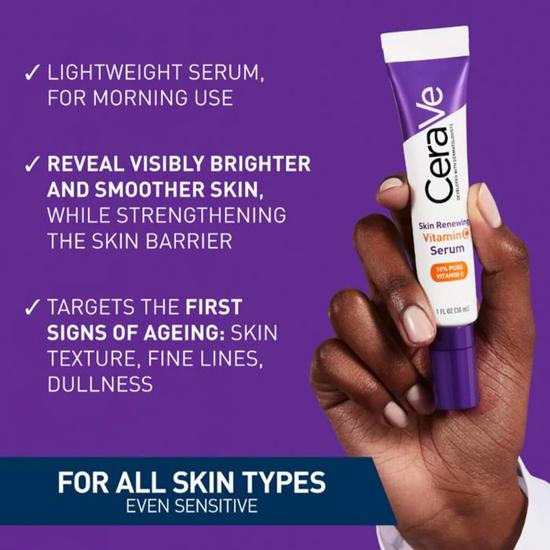 CeraVe Skin Renewing 10% Pure Vitamin C Serum With Ceramides For Brighter & Smoother Skin 30ml