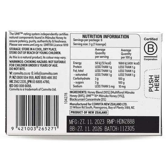 Comvita Manuka Honey Lozenges With Blackcurrant UMF10+ 18g