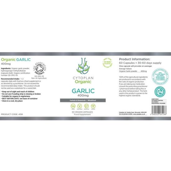 Cytoplan Organic Whole Garlic Powder 400mg Capsules 60 Capsules