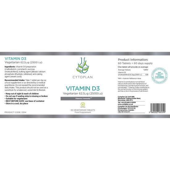 Cytoplan Vegetarian Vitamin D3 62.5ug 2500iu Tablets 60 Tablets