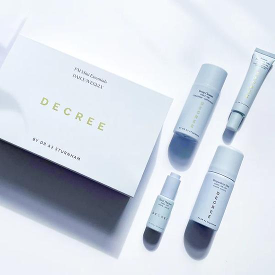 Decree PM Mini Essentials Light Cleanse + Preparatory Mist + Protect Elixir + Peptide Emollient Veil +