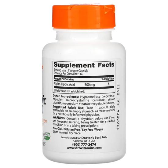 Doctor's Best Alpha Lipoic Acid 600mg Vegicaps 180 Vegicaps