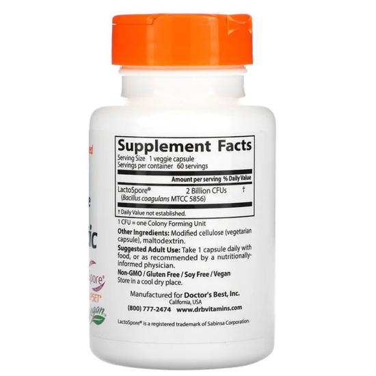 Doctor's Best Digestive Health Probiotic 2 Billion With LactoSpore Vegicaps 60 Vegicaps