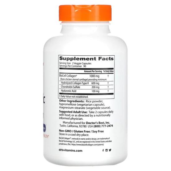 Doctor's Best Hyaluronic Acid + Chondroitin Sulphate With BioCell Collagen Capsules 60 Capsules