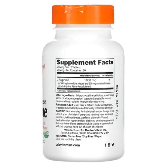 Doctor's Best L-Arginine Sustained + Immediate Release 500mg Tablets 120 Tablets