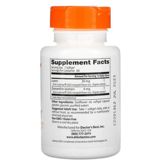 Doctor's Best Lutein With Lutemax 20mg Softgels 60 Softgels