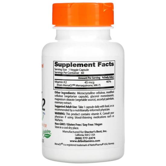 Doctor's Best Natural Vitamin K2 MK7 With MenaQ7 45mcg Vegicaps 60 Vegicaps