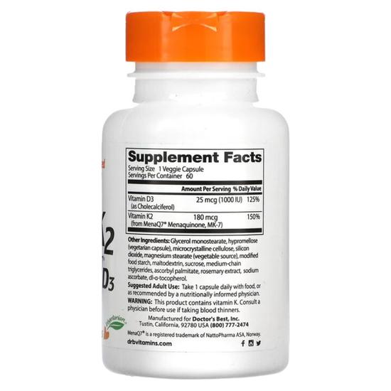 Doctor's Best Natural Vitamin K2 MK7 With MenaQ7 Plus D3 180mcg Vegicaps 60 Vegicaps