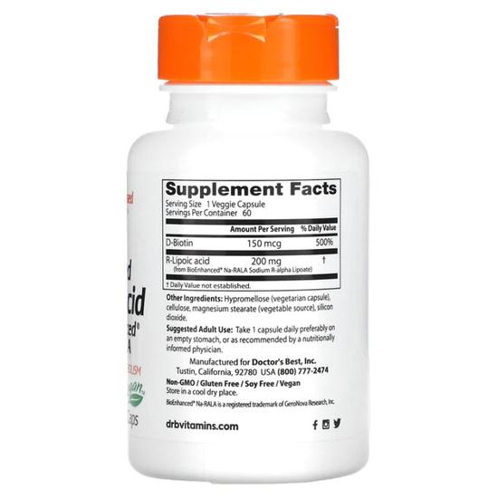 Doctor's Best Stabilised R-Lipoic Acid With BioEnhanced Na-RALA 200mg Vegicaps 60 Vegicaps