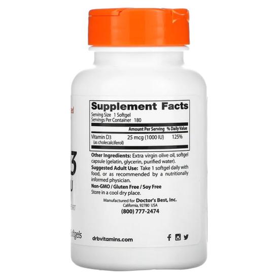 Doctor's Best Vitamin D3 1000iu Softgels 180 Softgels