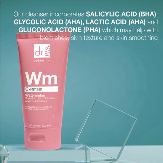 Dr Botanicals Watermelon Superfood 2-in-1 Cleanser & Makeup Remover With Glycolic Acid, Salicylic Acid & Lactic Acid 100ml