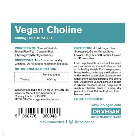 Dr Vegan Choline Bitartrate 600mg Capsules 60 Capsules
