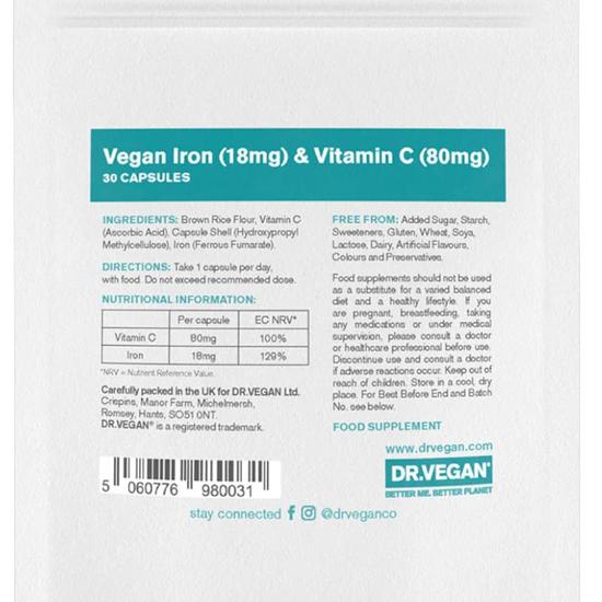 Dr Vegan Gentle Iron 18mg & Vitamin C 80mg Capsules 30 Capsules