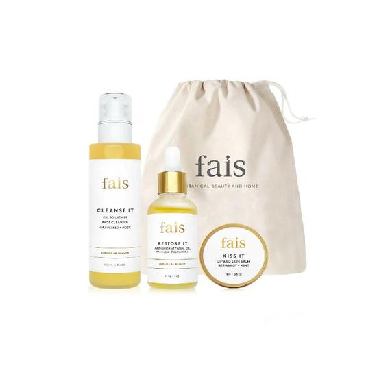Fais Customisable Vegan Face Care Pamper Set Cleanse It + Balance It + Kiss It (Bergamot + Mint)