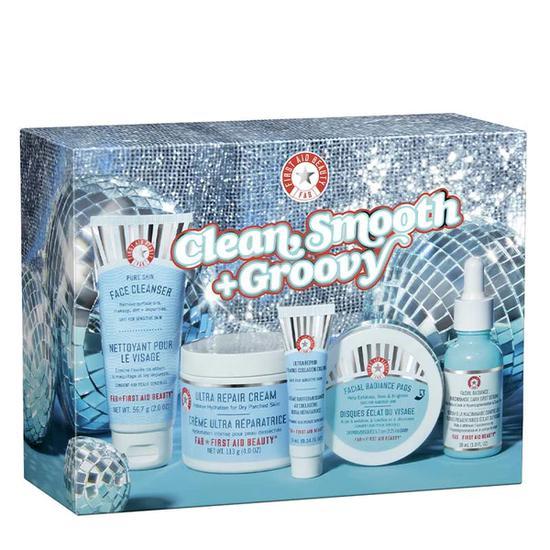 First Aid Beauty Clean, Smooth & Groovy Set Face Cleanser, AHA Pads, Nourishing Cream, Dark Spot Serum + Firming Collagen Cream