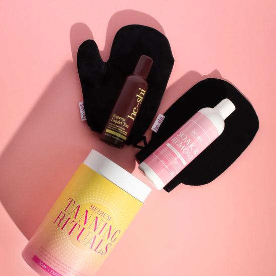 He-Shi Tanning Rituals 4 Pc Gift Set Includes Tan, Mitt, Exfoliating Glove & Tan Remover Bubble Bath