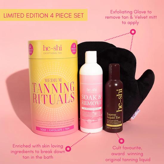 He-Shi Tanning Rituals 4 Pc Gift Set Includes Tan, Mitt, Exfoliating Glove & Tan Remover Bubble Bath
