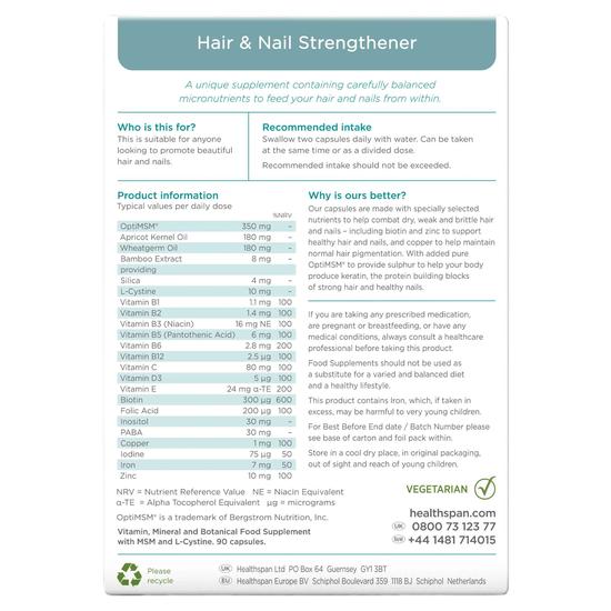 Healthspan Hair & Nail Strengthener Nutritional Supplement Capsules 90 Capsules