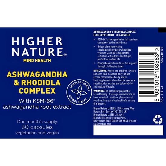 Higher Nature Ashwagandha & Rhodiola Complex Capsules 30 Capsules