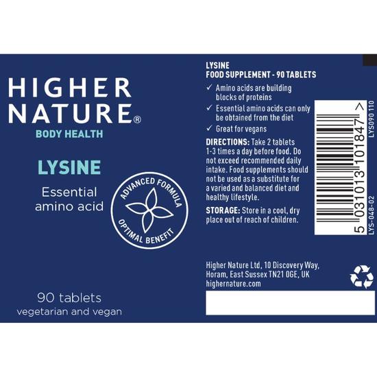 Higher Nature Lysine 500mg Vegetable Tablets 90 Tablets