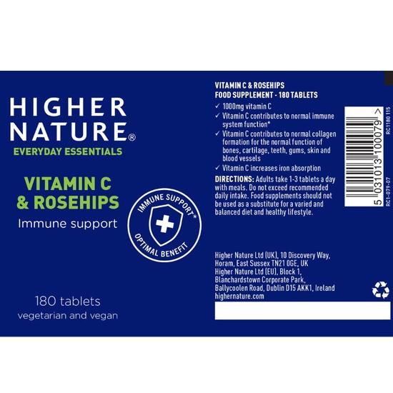 Higher Nature Vitamin C & Rosehips Vegan Tablets 90 Tablets