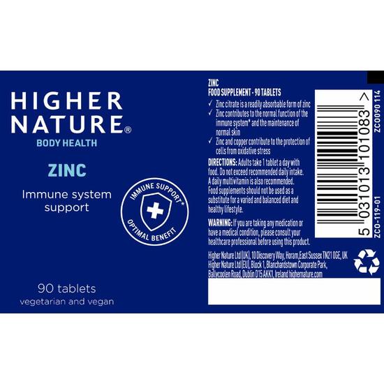 Higher Nature Zinc Vegetarian Tablets 90 Tablets