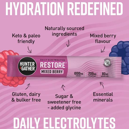 Hunter and Gather Restore Mixed Berries Electrolyte Sachets 30 Sachets