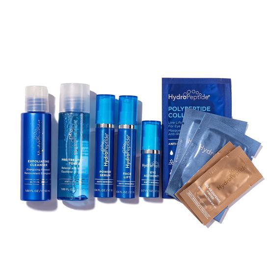 HydroPeptide Wrinkle Rescue Kit Exfoliating Cleanser + Pre-Treatment Toner + Power Serum + Face Lift Moisturizer + Eye Authority + 5X Power Peel Exfoliator + Tinted SPF Moisturiser + Eye Mask