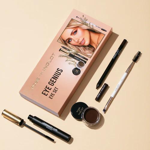 Inglot Cosmetics Rosie For Inglot Eye Genius Gift Set Kohl Pencil in Warm Brown Chestnut, Legendary Curl Mascara Black, Chestnut Gel Liner & Eye Genius Angled Brush