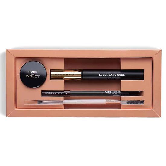 Inglot Cosmetics Rosie For Inglot Eye Genius Gift Set Kohl Pencil in Warm Brown Chestnut, Legendary Curl Mascara Black, Chestnut Gel Liner & Eye Genius Angled Brush