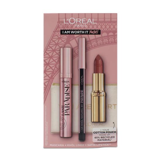 L'Oreal Paris Black Mascara Eyeliner Lipstick 235 Set I Am Worth It Nudes