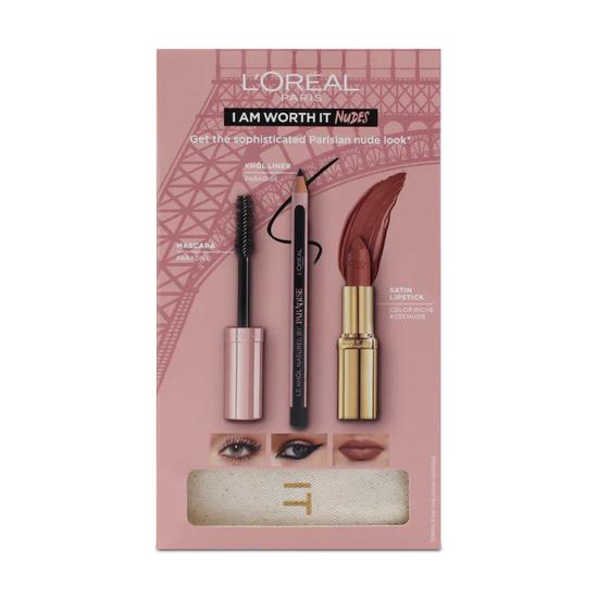 L'Oreal Paris Black Mascara Eyeliner Lipstick 235 Set I Am Worth It Nudes