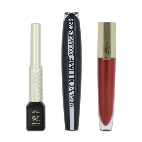 L'Oreal Paris Collagene 24h Volume Black Mascara, Eyeliner & Red Lipstick Set