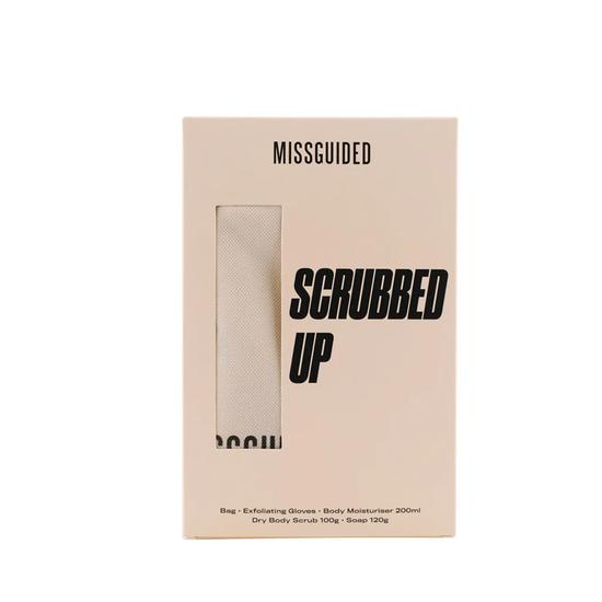 Missguided Scrubbed Up Bath & Body Gift Set Exfoliating Gloves + Body Moisturiser 200ml + Dry Body Scrub 100ml + Soap 120g + Drawstring Bag