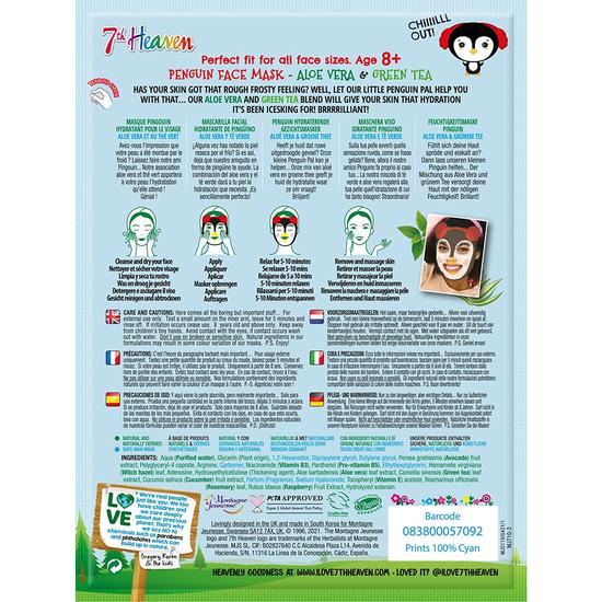 Montagne Jeunesse 7th Heaven Winter Wonderland Penguin Facial Sheet Mask Infused with Aloe Vera and Green Tea
