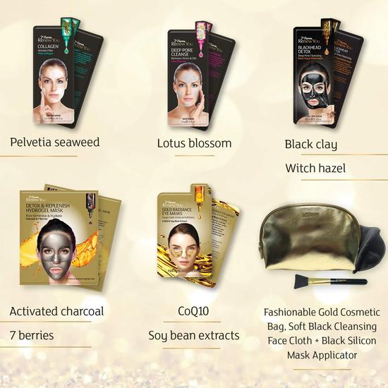 Montagne Jeunesse Renew You Pure Indulgence Gift Set Renew You Masks + Gold Cosmetics Bag + Soft Black Cleansing Face Cloth + Black Silicon Mask Applicator