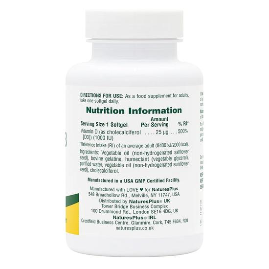 Nature's Plus Natures Plus Vitamin D3 1000iu Softgels 180 Softgels