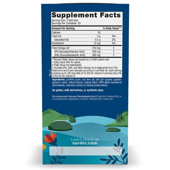 Nordic Naturals Arctic Cod Liver Oil 750mg Lemon Softgels 180 Softgels