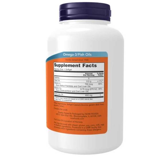 NOW Foods Cod Liver Oil 650mg Softgels 250 Softgels