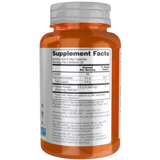 NOW Foods D-Ribose 750mg Capsules 120 Capsules