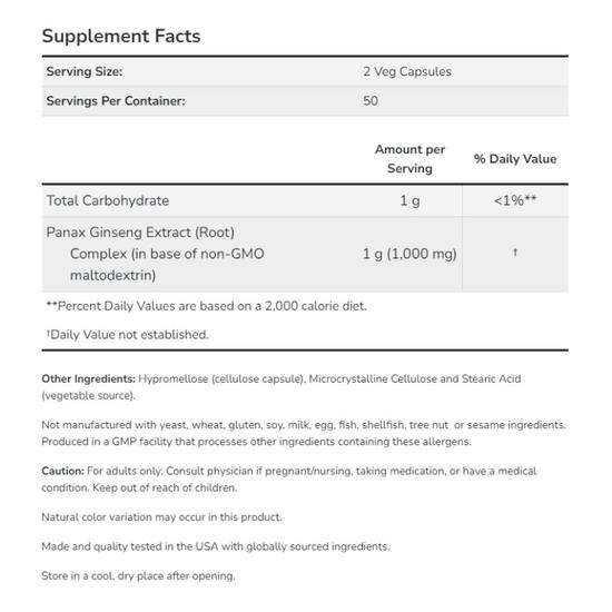 NOW Foods Panax Ginseng 1000mg Capsules 250 Capsules