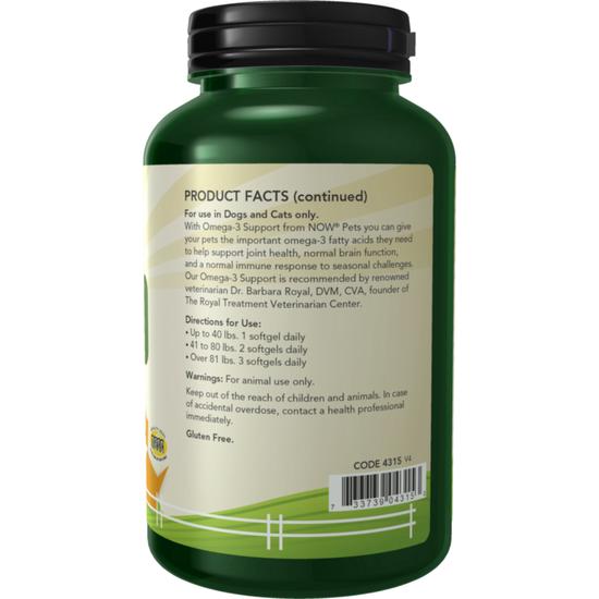 NOW Foods Pets Omega-3 Support Softgels 180 Softgels