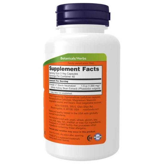 NOW Foods Phase 2 White Kidney Bean Extract 500mg Capsules 120 Capsules